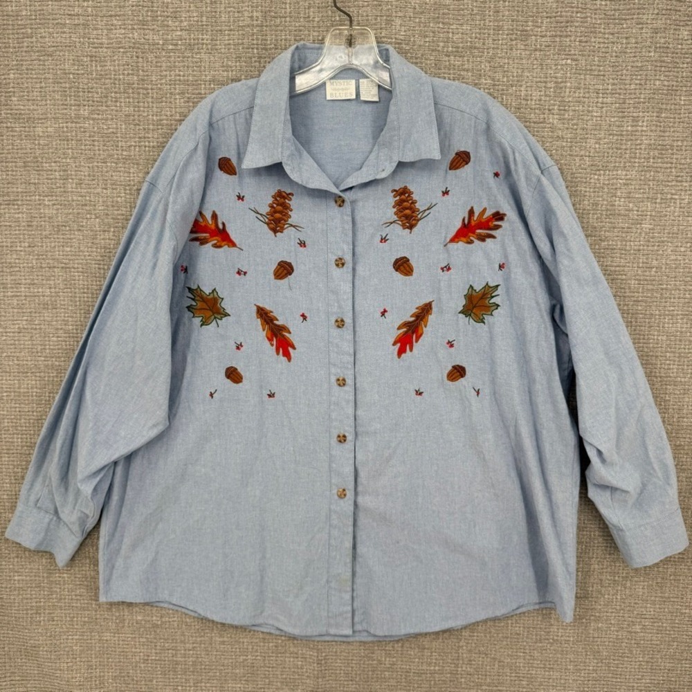 Vtg Mystic Blues Embroidered Fall Leaf Button Up Women 22W Blue Chambray